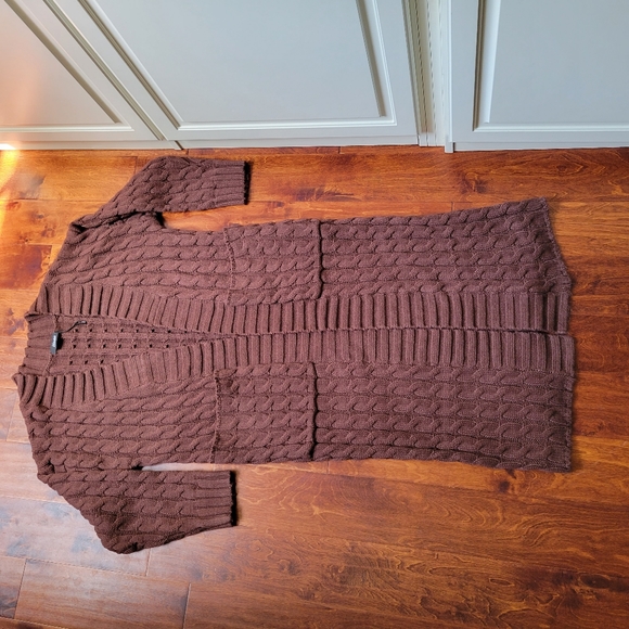 Chunky Cable Knit Open Front Longline Cardigan Patch Pockets - Picture 7 of 10